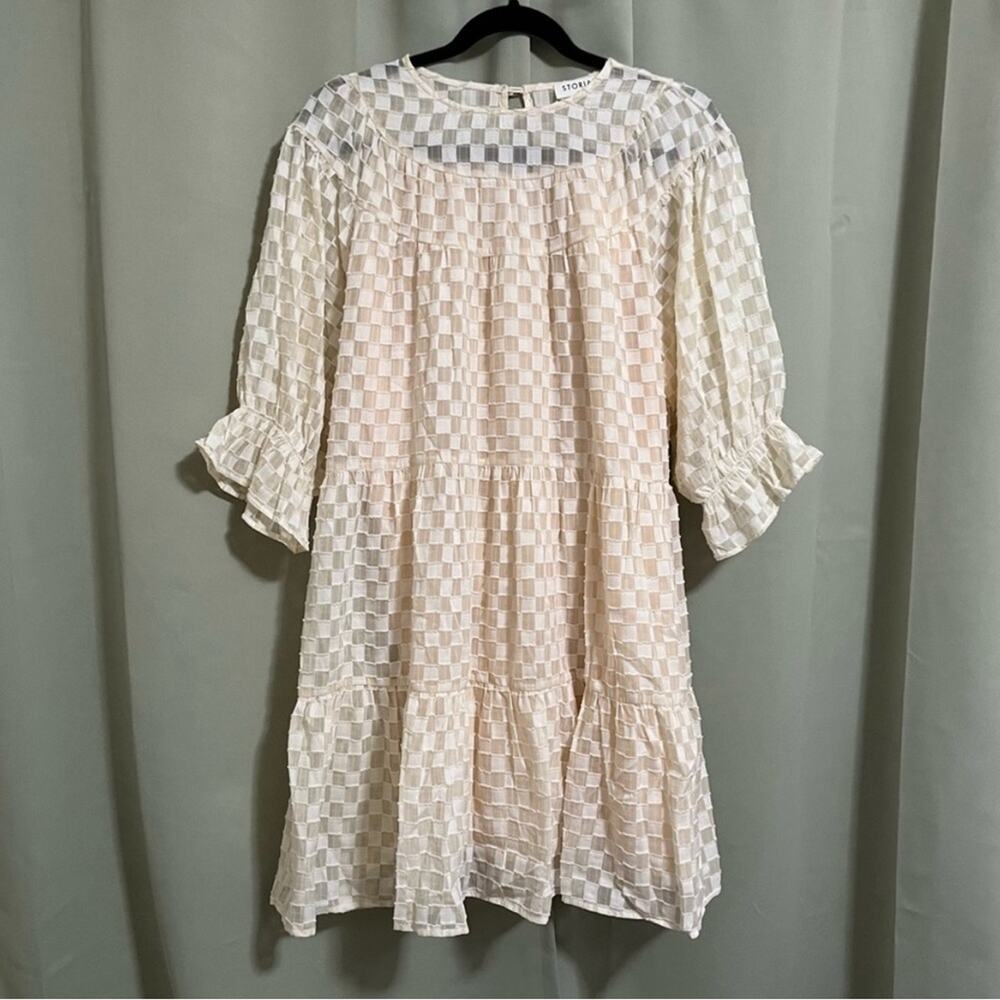 Storia High Neck 3/4 Sleeve White and Beige Checkered Boho Shift Dress - NWT